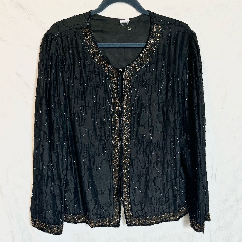 Vintage Black Beaded Evening Silk Jacket, Size L